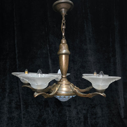 Large Antique French EZAN Art Deco 5 Arm 6 Light Brass Heavy Chandelier Light
