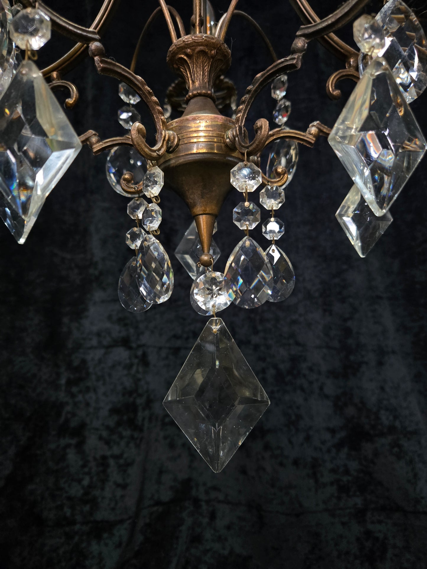 Beautiful Vintage Italian 5 Arm Brass Crystal Cage Chandelier Ceiling Light
