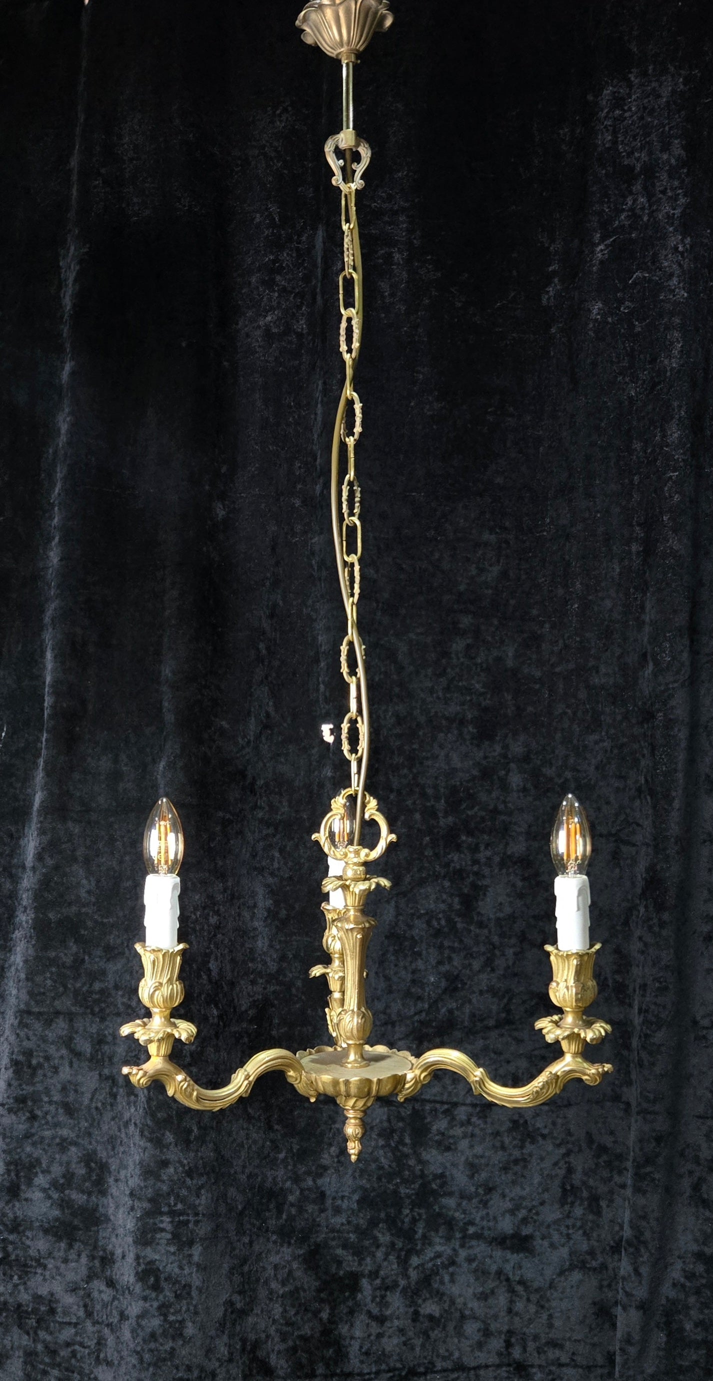 Traditional Antique French Solid Brass 3 Arm Rococo Style Chandelier Light