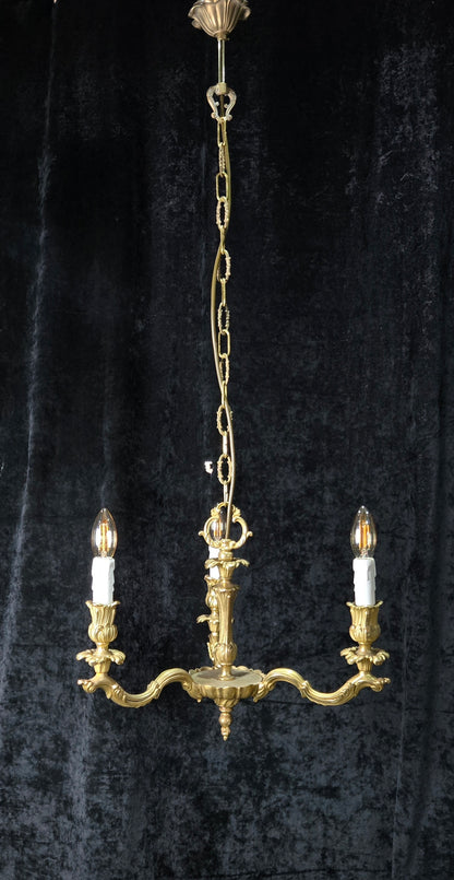 Traditional Antique French Solid Brass 3 Arm Rococo Style Chandelier Light