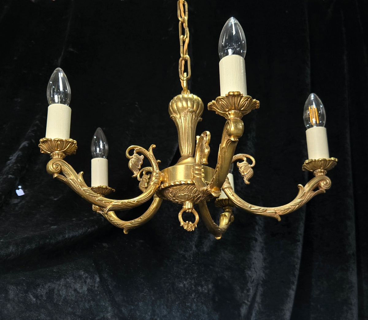 Traditional Vintage French 5 Arm Heavy Brass Flower Bud Chandelier ceiling Light