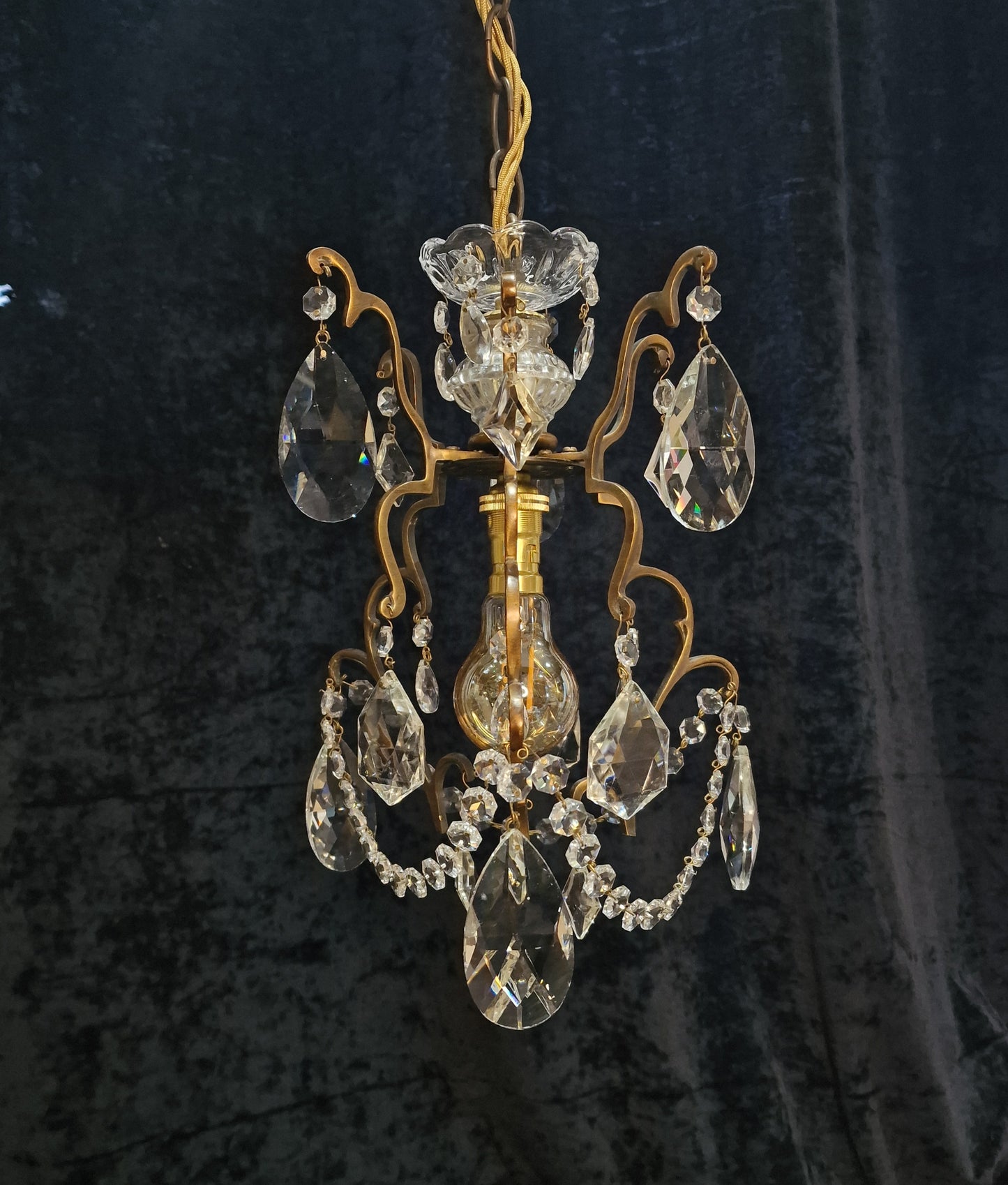 Lovely Petite Vintage French 1 Light Caged Brass Crystal Glass Chandelier