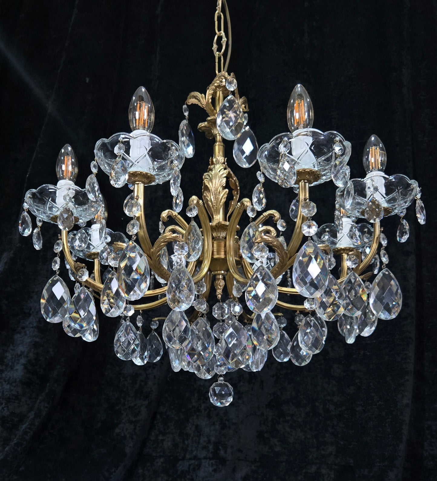 Beautiful Vintage Italian 8 Arm Brass Crystal Leaf Chandelier Ceiling Light