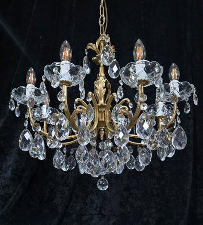 Beautiful Vintage Italian 8 Arm Brass Crystal Leaf Chandelier Ceiling Light