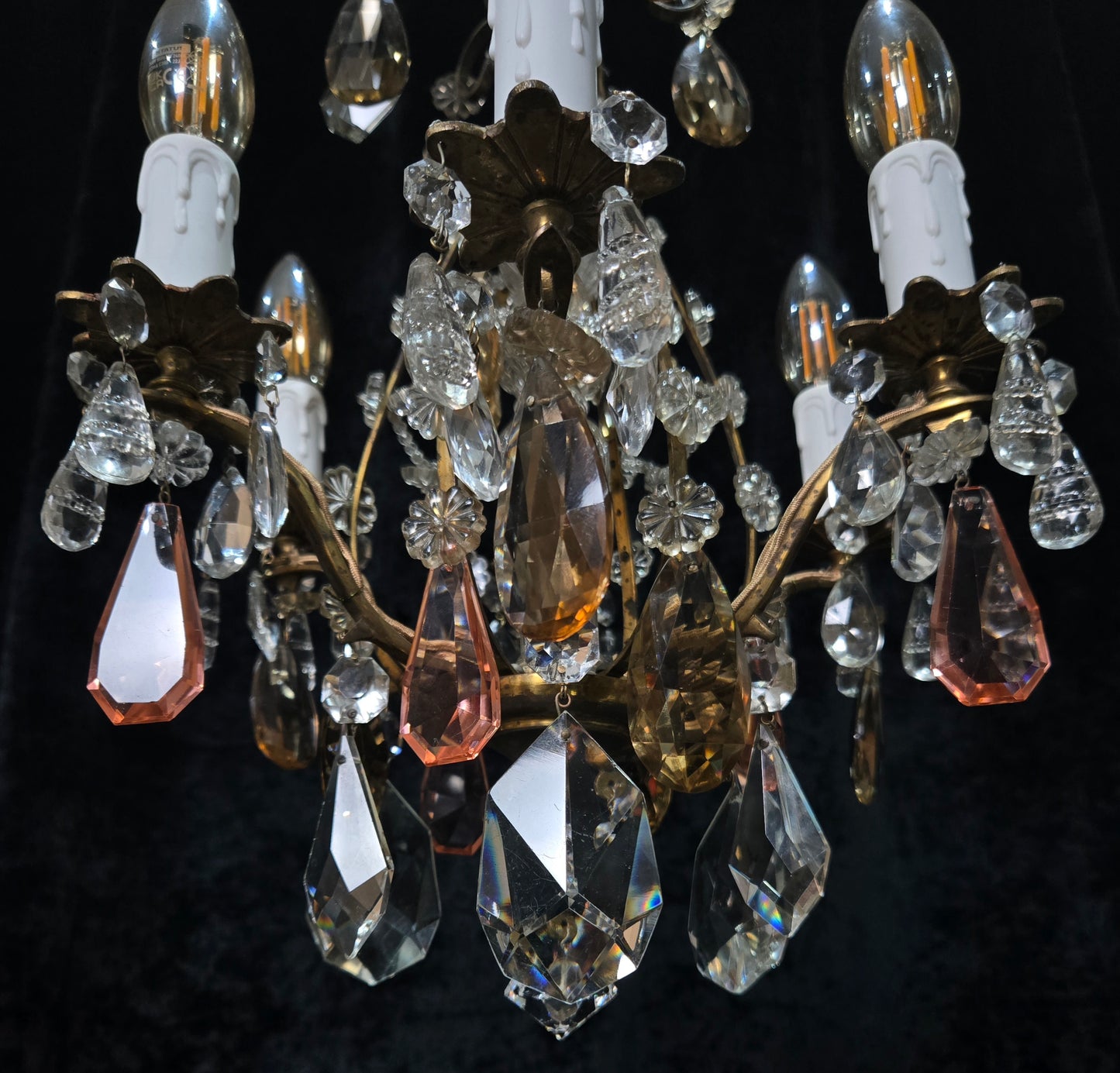 Beautiful Antique Italian 6 Arm Brass Crystal Cage Chandelier Ceiling Light