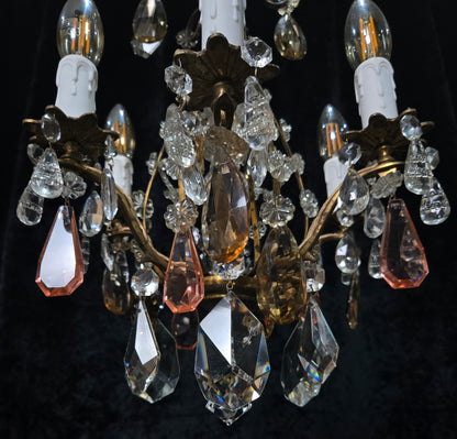 Beautiful Antique Italian 6 Arm Brass Crystal Cage Chandelier Ceiling Light