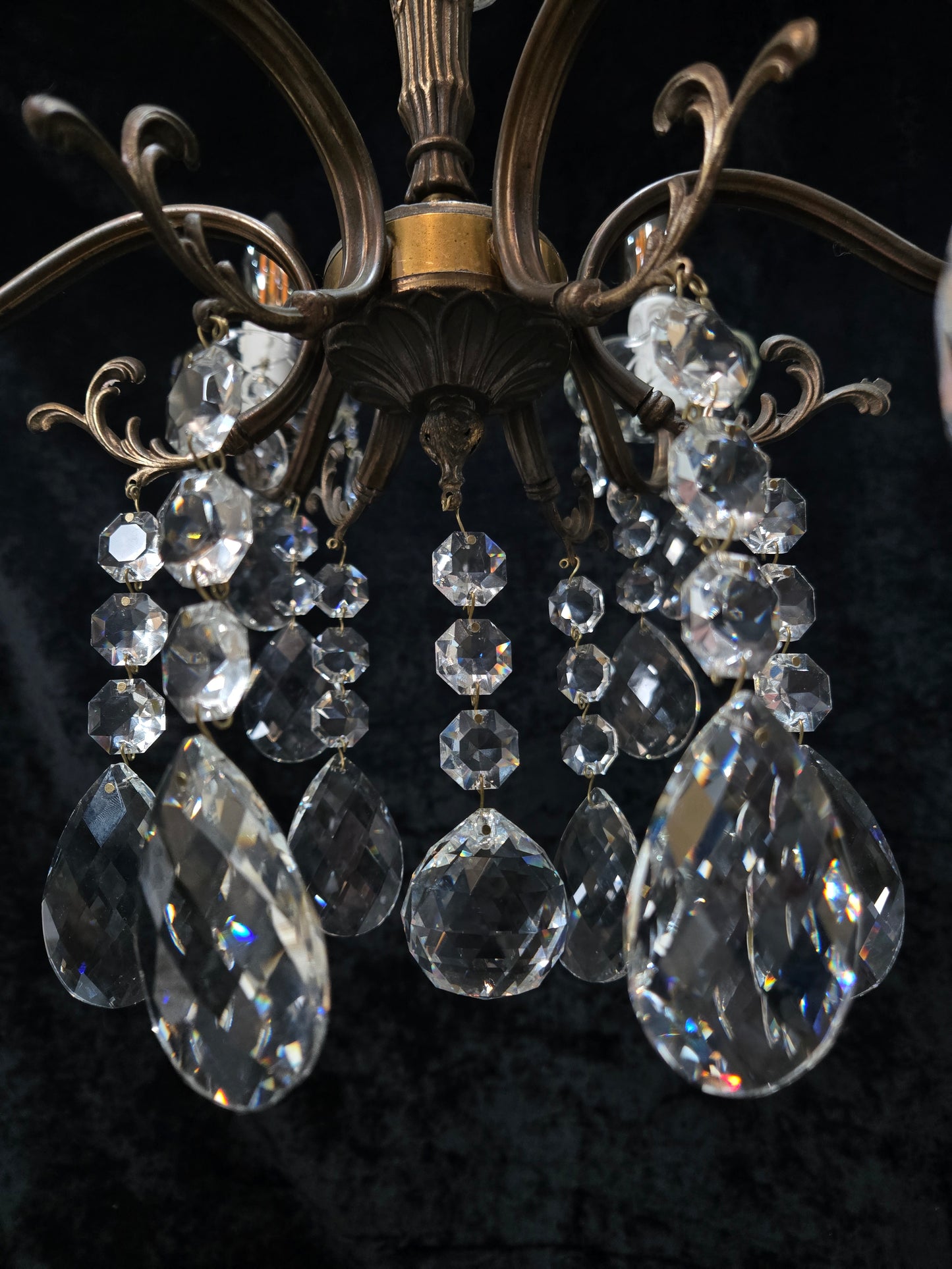 Traditional Vintage French 6 Arm Brass Crystal Glass Chandelier Ceiling Light