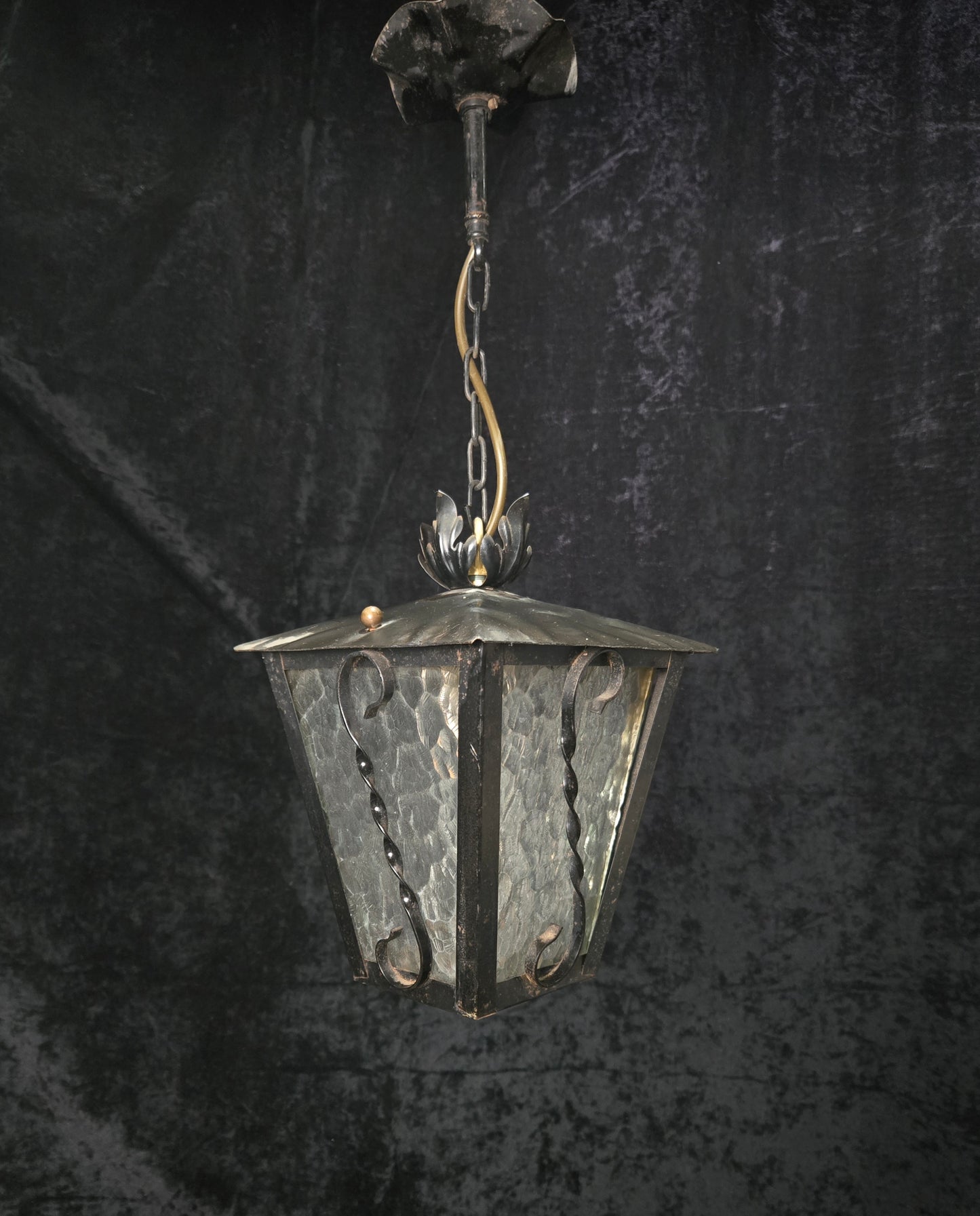 Lovely Vintage French Wrought Iron Gothic Patterned Glass Lantern Light