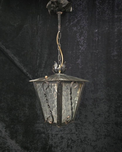 Lovely Vintage French Wrought Iron Gothic Patterned Glass Lantern Light