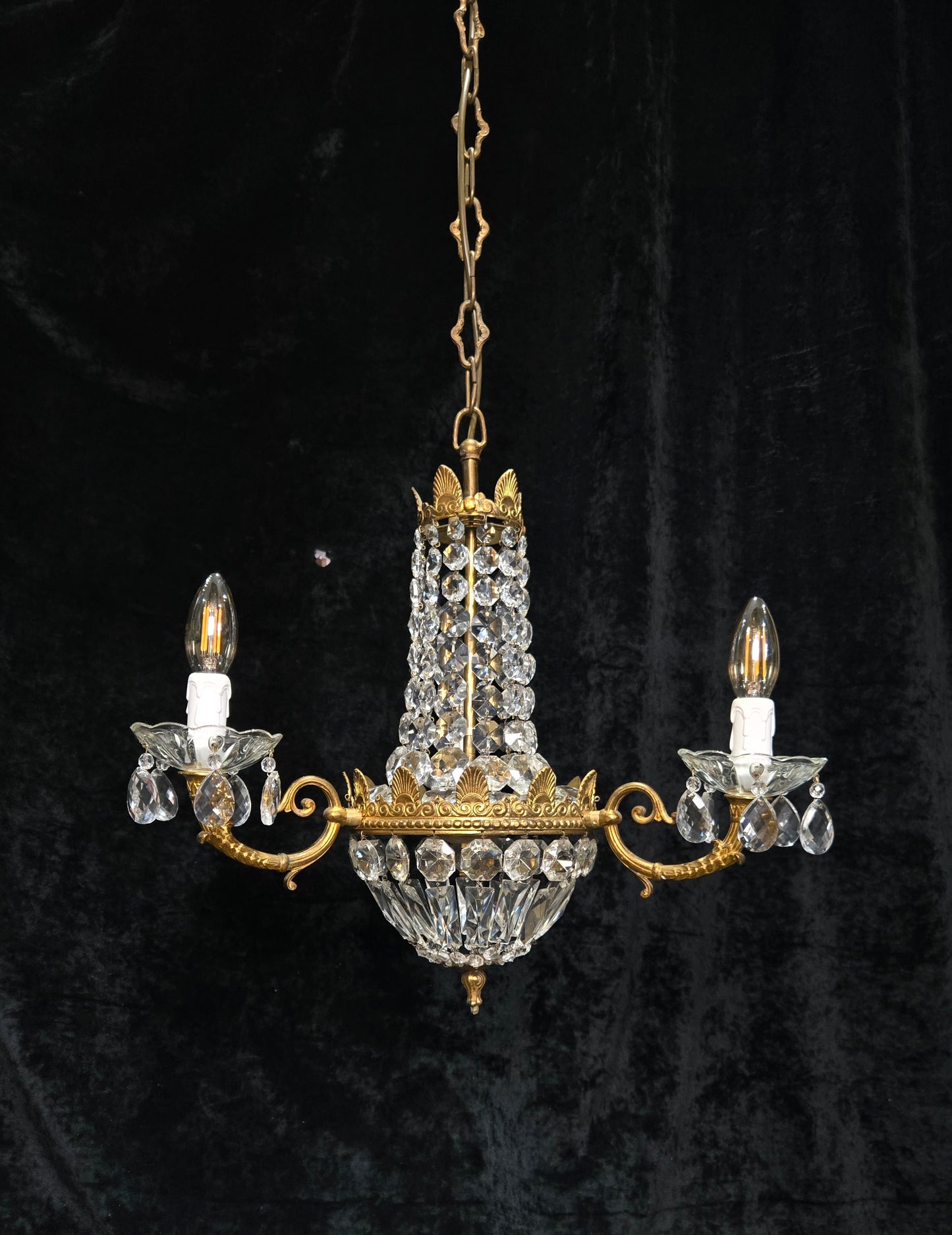 Traditional Vintage French 3 Arm Brass and Crystal Montgolfiere Bag Chandelier