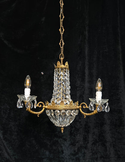 Traditional Vintage French 3 Arm Brass and Crystal Montgolfiere Bag Chandelier