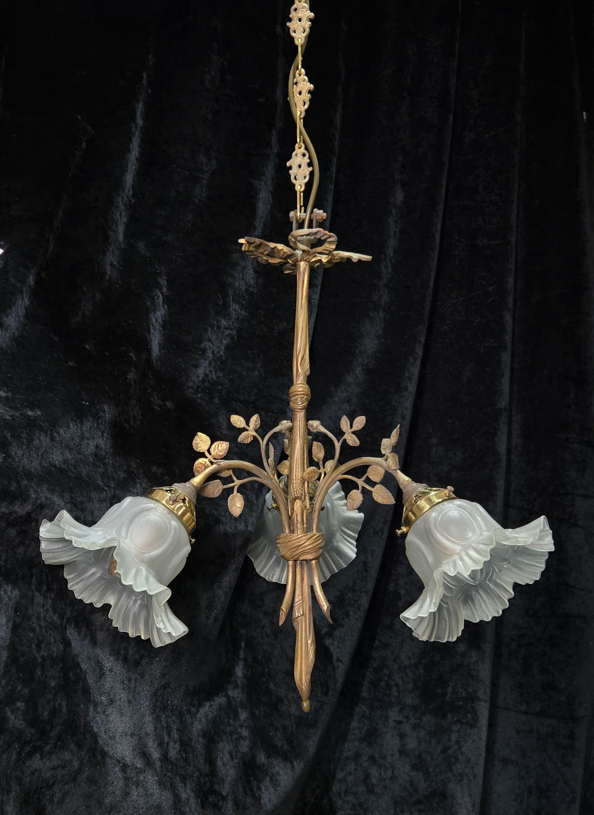 Gorgeous Antique French Brass 3 Arm Floral Chandelier Ceiling Light with Shades