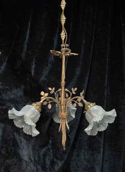 Gorgeous Antique French Brass 3 Arm Floral Chandelier Ceiling Light with Shades