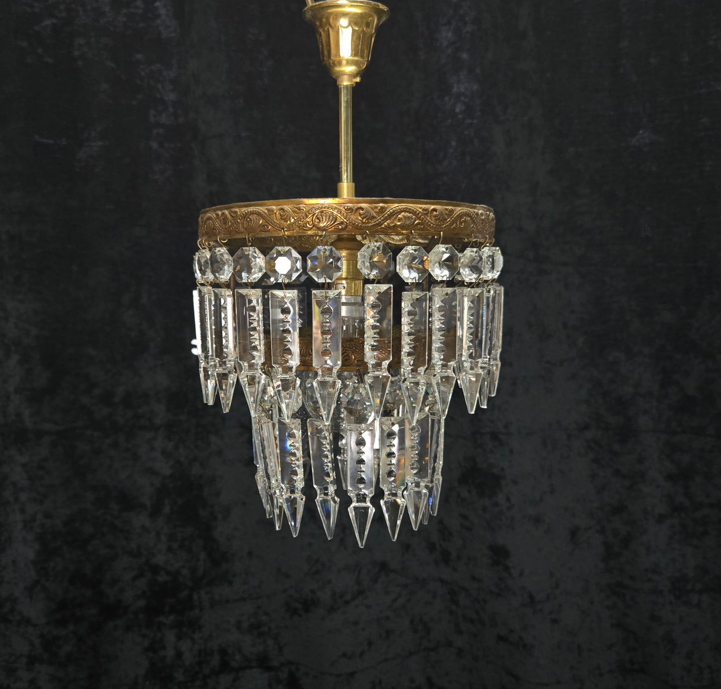 Beautiful Vintage French 2 Tier Waterfall Crystal Brass 1 Light Flush Chandelier
