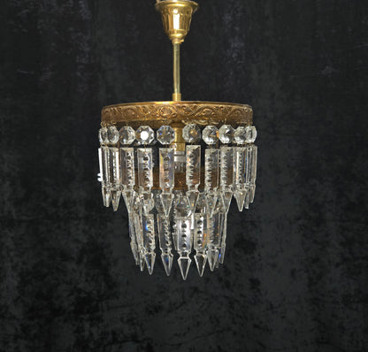 Beautiful Vintage French 2 Tier Waterfall Crystal Brass 1 Light Flush Chandelier