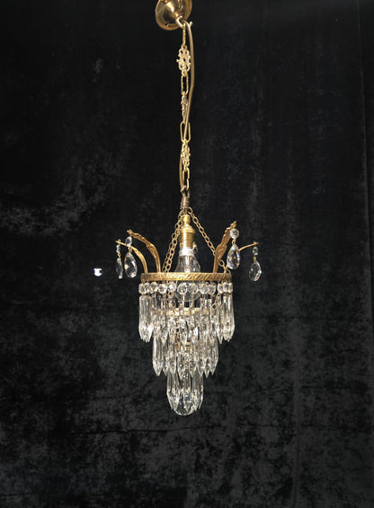Beautiful Antique French Crystal Waterfall Brass Leaf Chandelier Ceiling Light