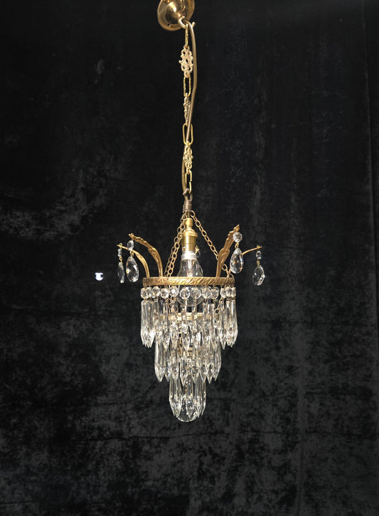 Beautiful Antique French Crystal Waterfall Brass Leaf Chandelier Ceiling Light