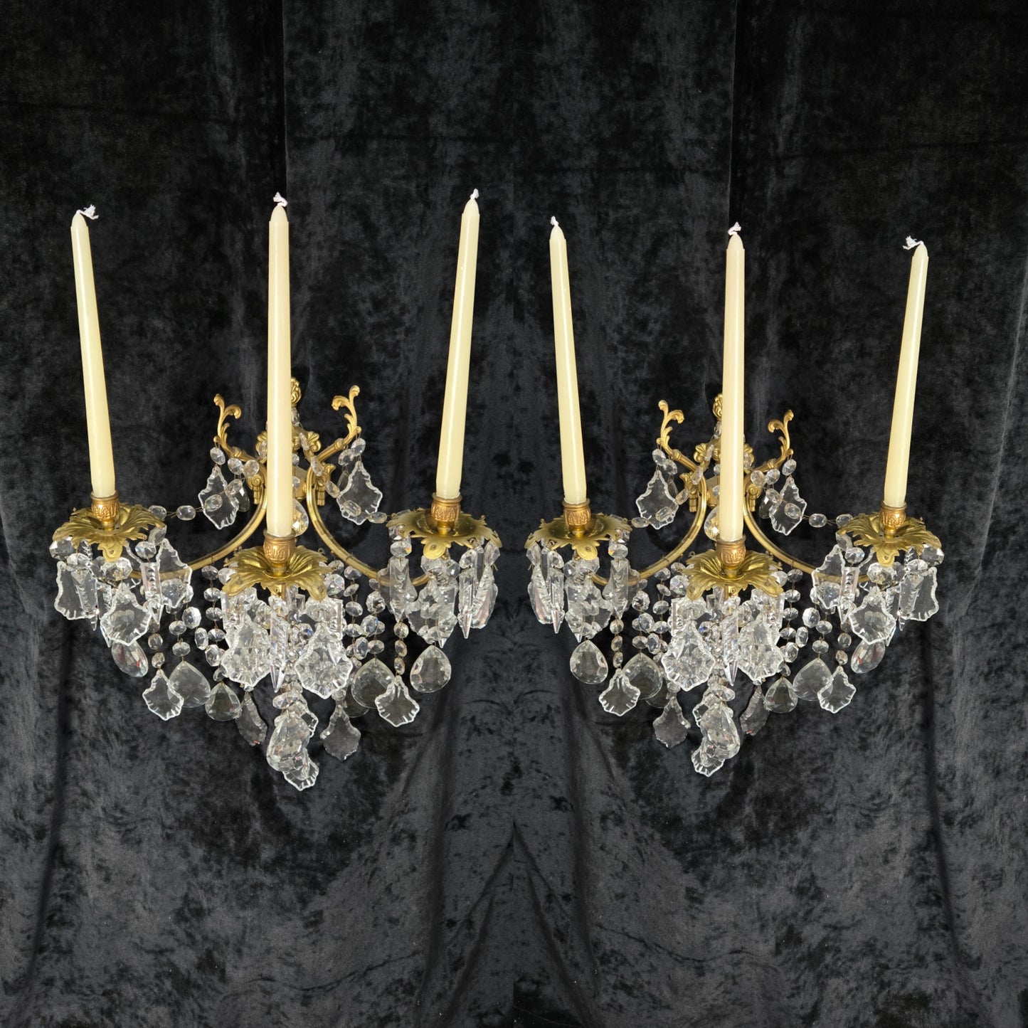 Superb Pair Large Vintage Italian Gilded Brass 3 Arm Candle Crystal Wall Lights