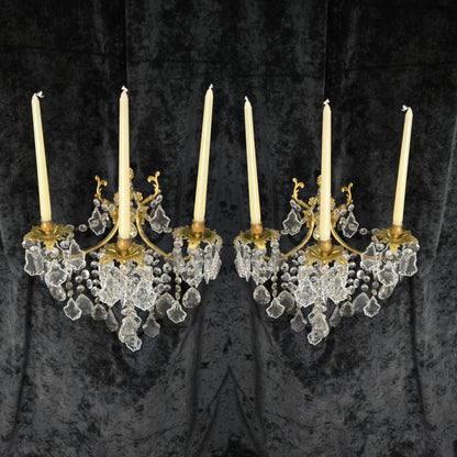 Superb Pair Large Vintage Italian Gilded Brass 3 Arm Candle Crystal Wall Lights