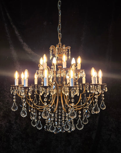 Fabulous Large Vintage Italian 12 Arm 18 Light Brass Crystal Leaf Chandelier
