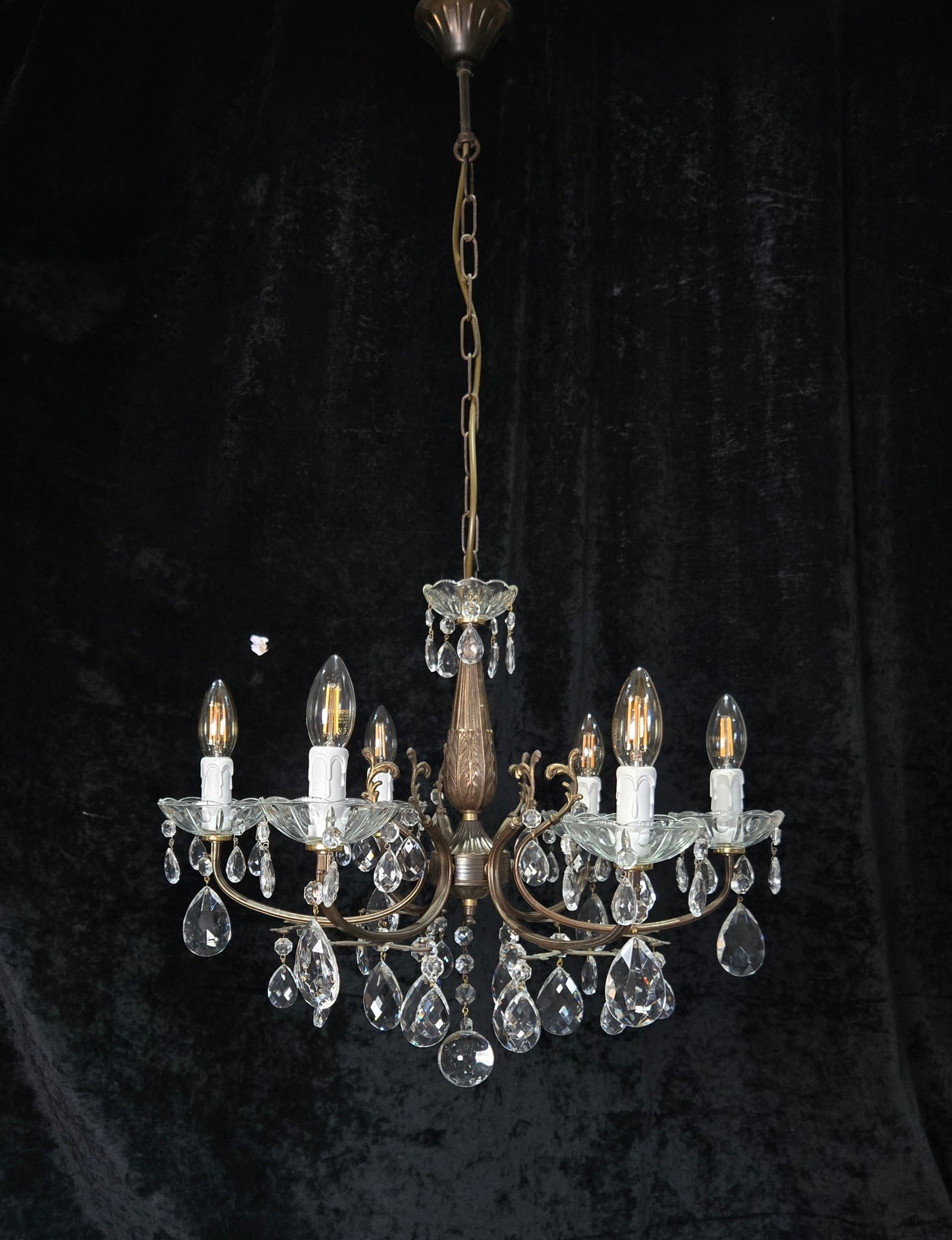 Beautiful Vintage Italian 6 Arm Brass Glass Crystal Chandelier Ceiling Light