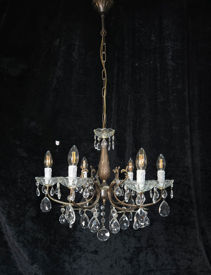 Beautiful Vintage Italian 6 Arm Brass Glass Crystal Chandelier Ceiling Light