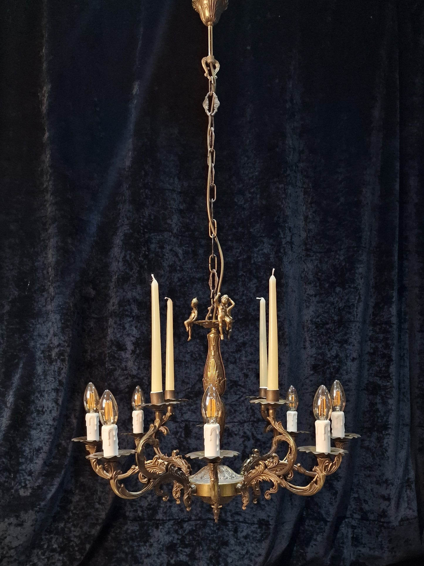 Decorative Vintage Italian Brass Cherub 8 Arm 4 Candle Chandelier Ceiling Light