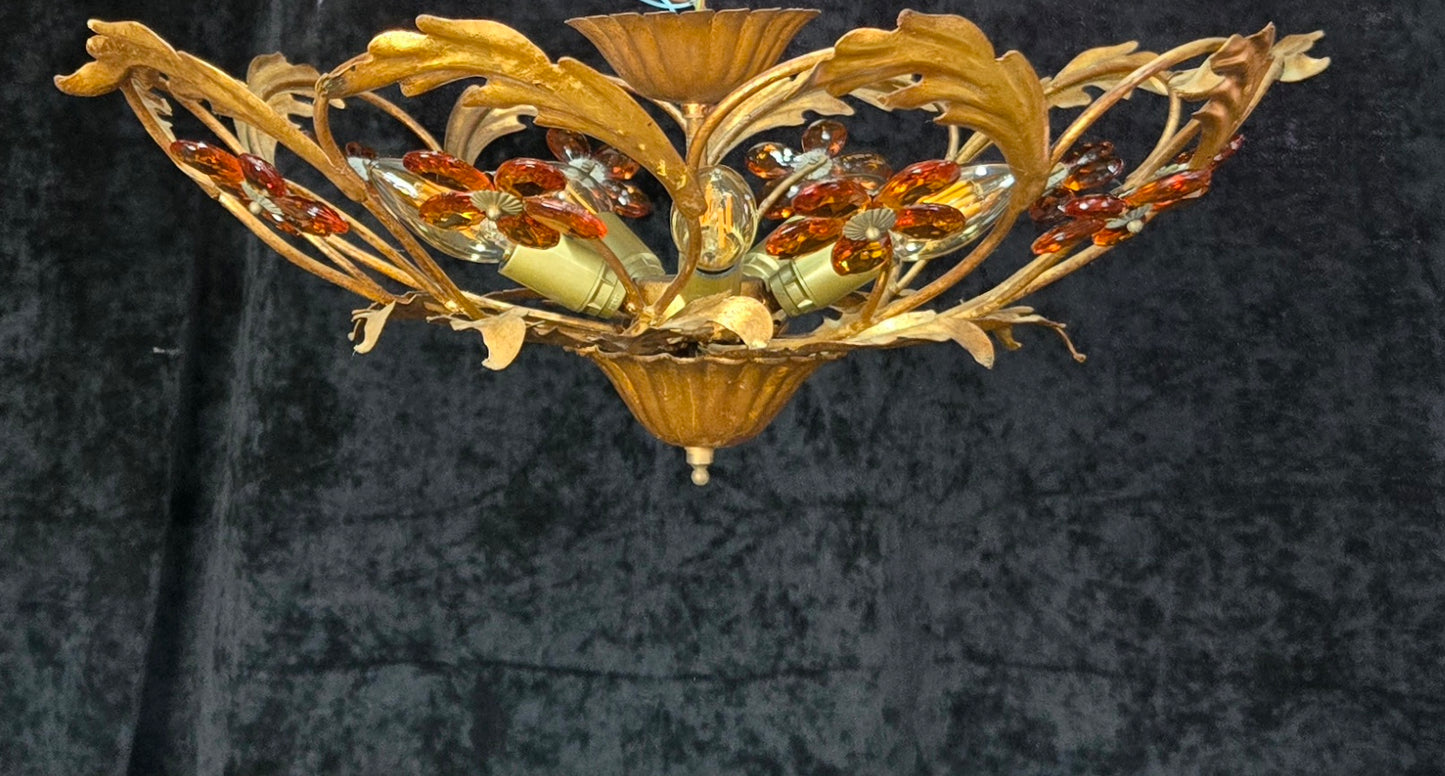 Beautiful Vintage Italian Banci 5 Light Gilded Toleware Flush Ceiling Chandelier