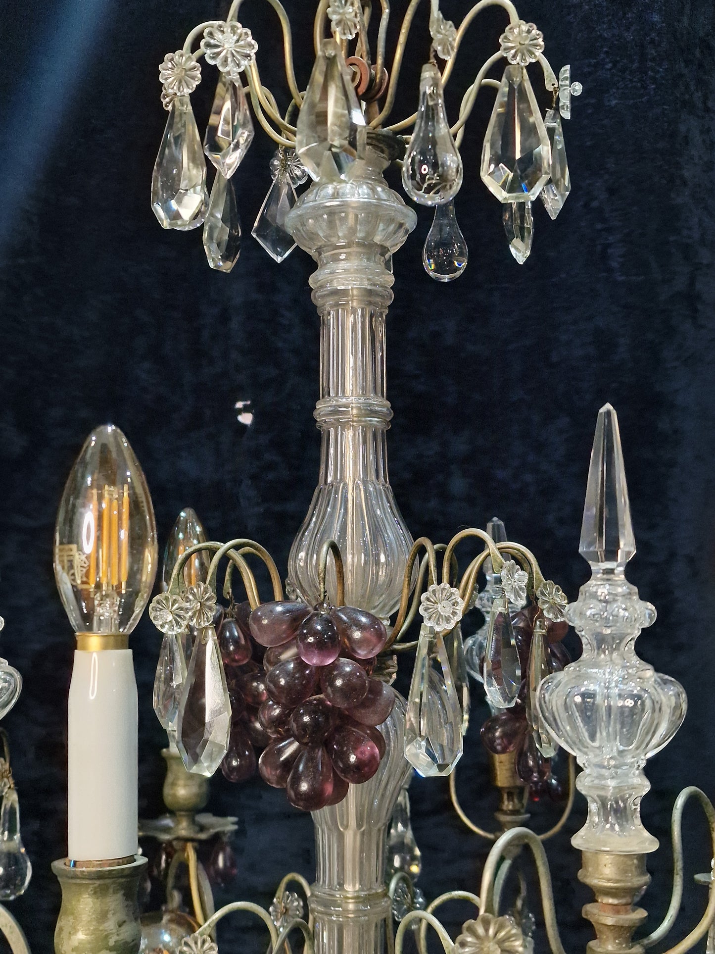 Exceptional Antique French 6 Light Murano Grape Crystal Solid Brass Chandelier
