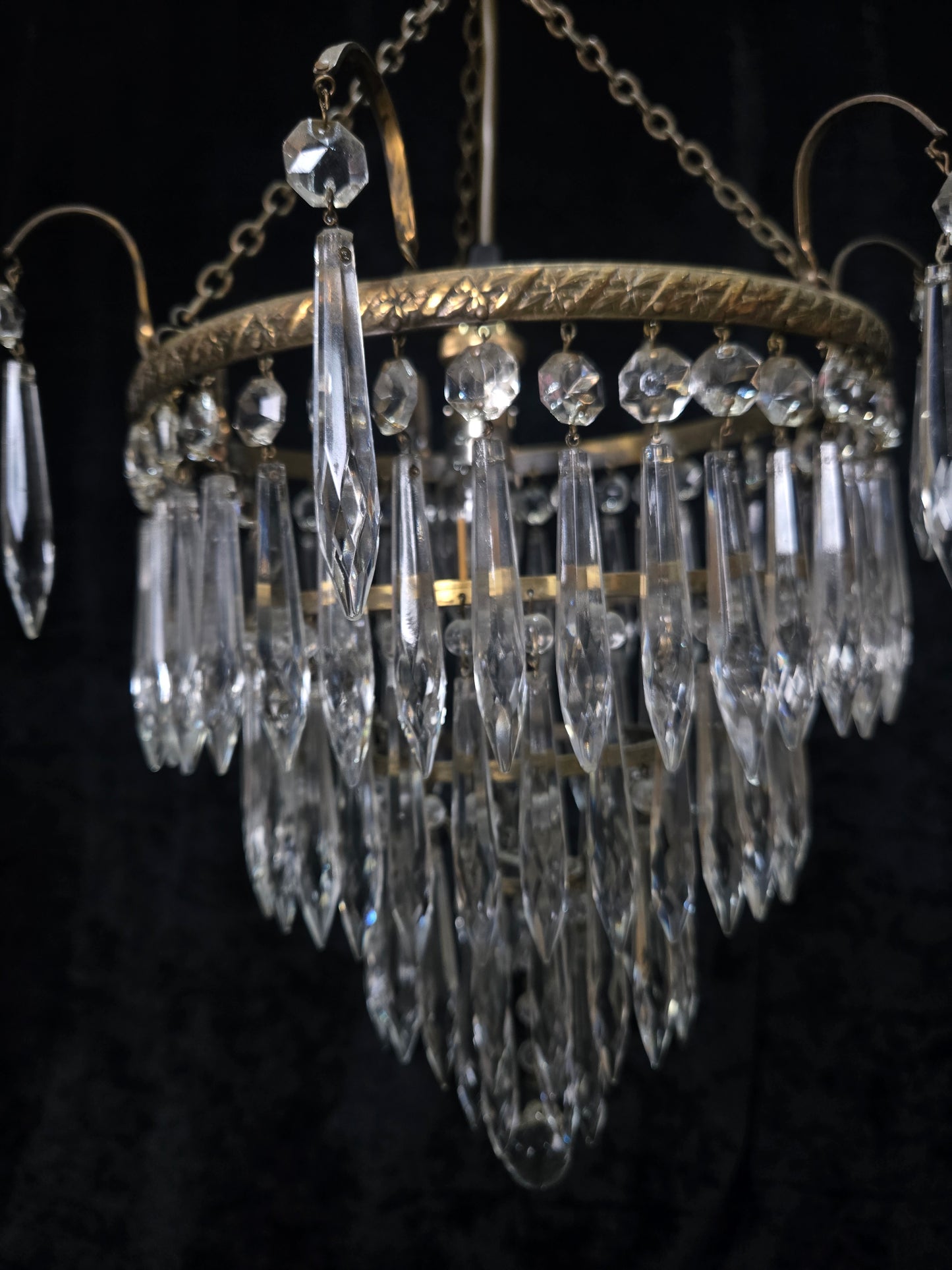 Fabulous Antique French Brass 4 Tier Waterfall Crystal Chandelier Ceiling Light