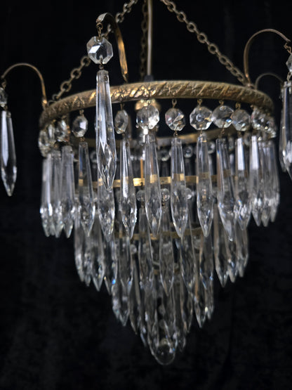 Fabulous Antique French Brass 4 Tier Waterfall Crystal Chandelier Ceiling Light