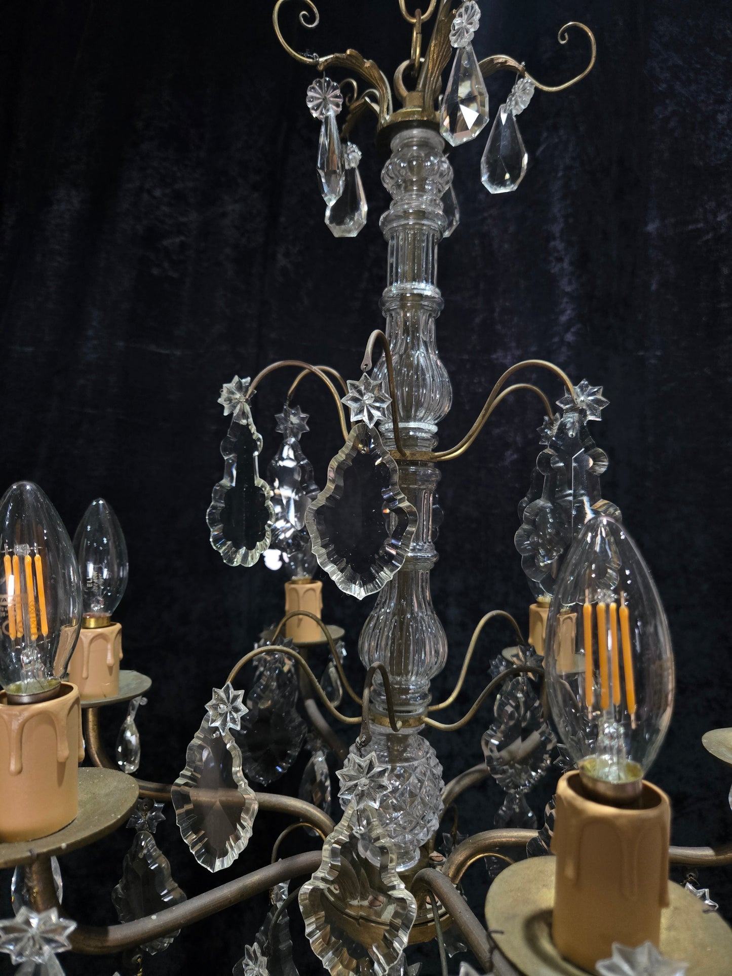 Beautiful Antique French 6 Arm Brass 3 Tier Crystal Chandelier Ceiling Light