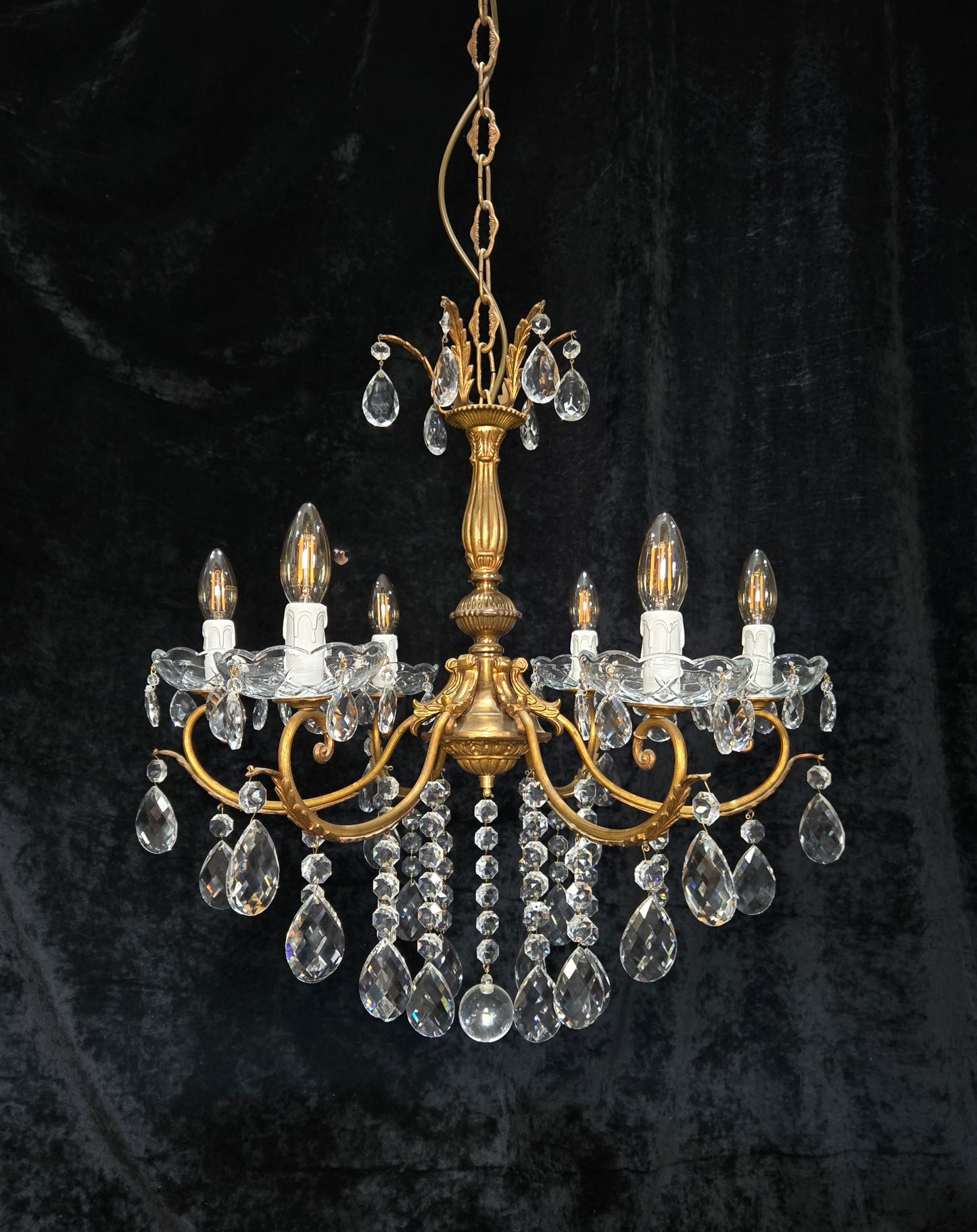 Gorgeous Heavy Vintage Italian 6 Arm Brass Leaf Crystal Chandelier Ceiling Light