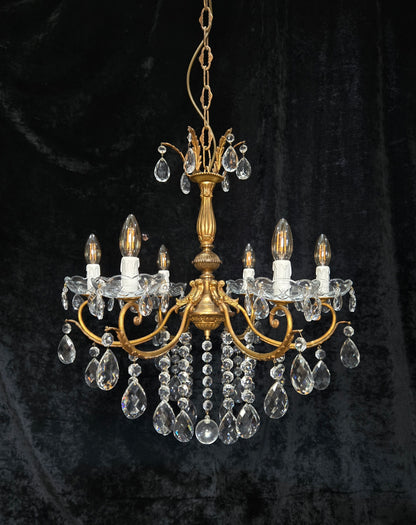 Gorgeous Heavy Vintage Italian 6 Arm Brass Leaf Crystal Chandelier Ceiling Light