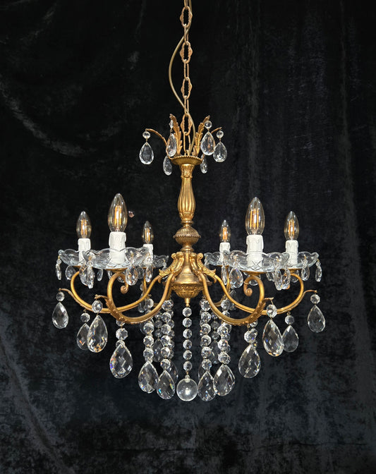 Gorgeous Heavy Vintage Italian 6 Arm Brass Leaf Crystal Chandelier Ceiling Light