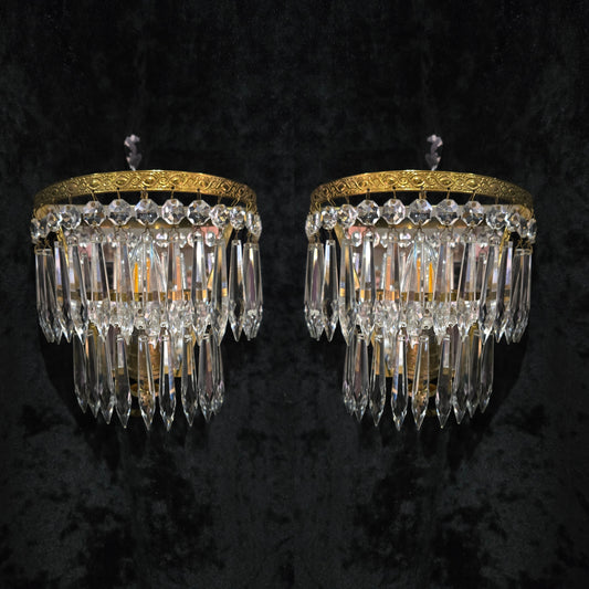 Lovely Pair Antique French 1 Light Crystal Brass Waterfall Mirror Wall Sconces