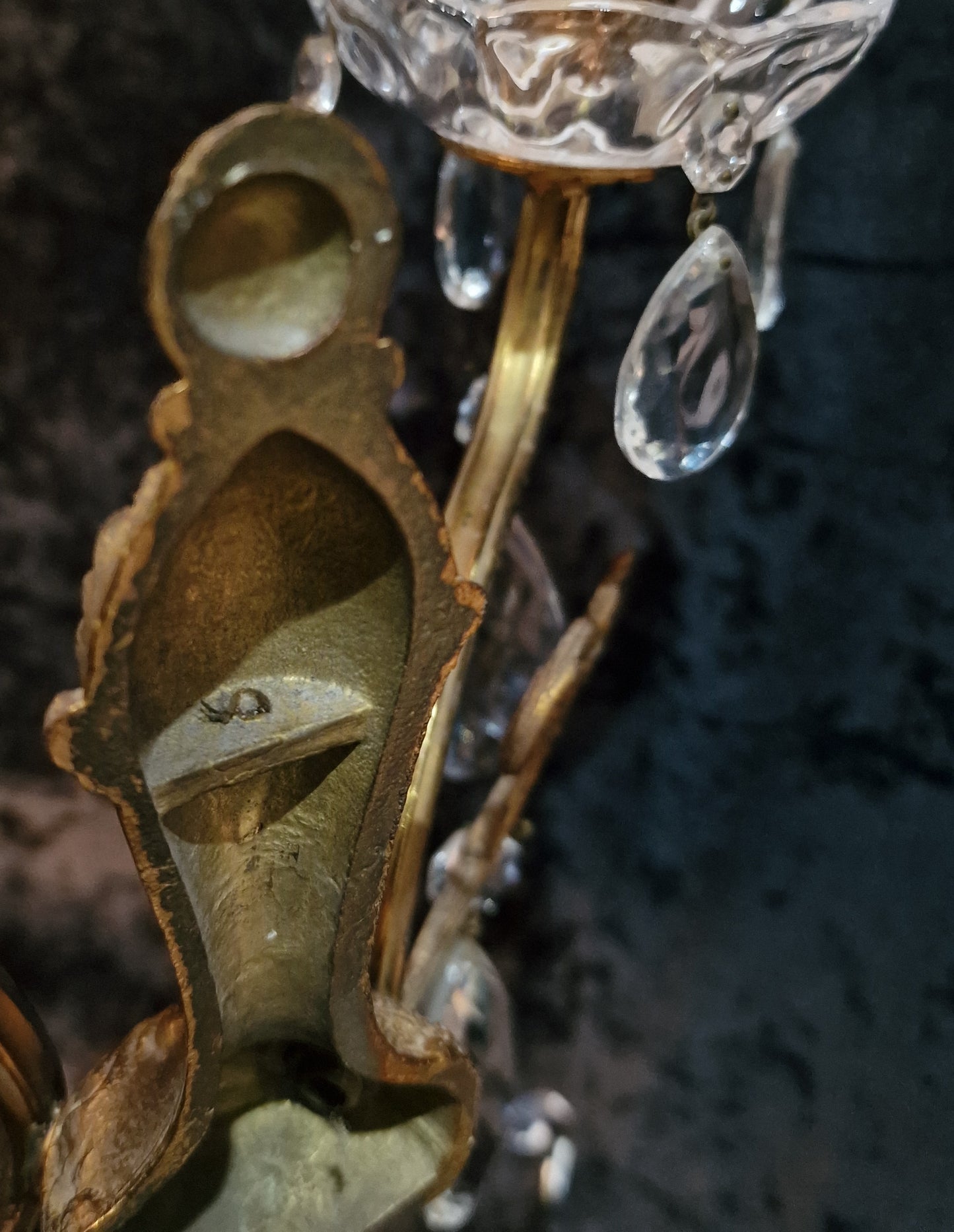 Elegant Pair Antique French 2 Arm Leaf Candle Crystal Brass Wall Lights Sconces