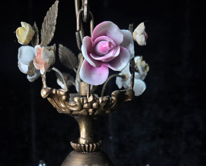 Fabulous Vintage Italian 6 Arm Brass Florentine Flower Roses Chandelier Light
