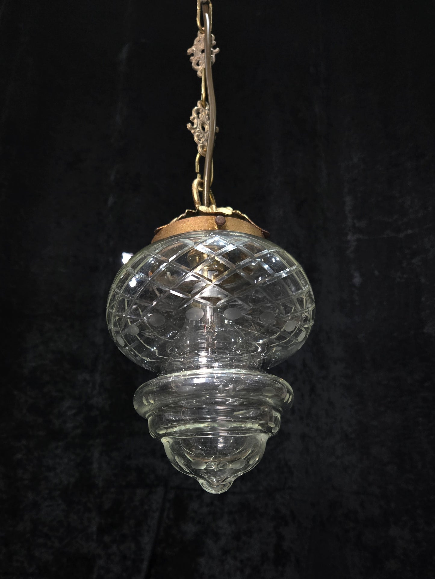 Lovely Vintage Clear Cut Glass Brass Hall Lantern Pendant Light