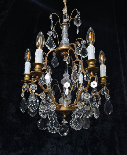 Stunning Antique French 6 Arm Cage Bronze Crystal Chandelier Ceiling Light