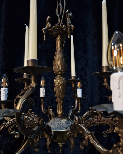 Decorative Vintage Italian Brass Cherub 8 Arm 4 Candle Chandelier Ceiling Light