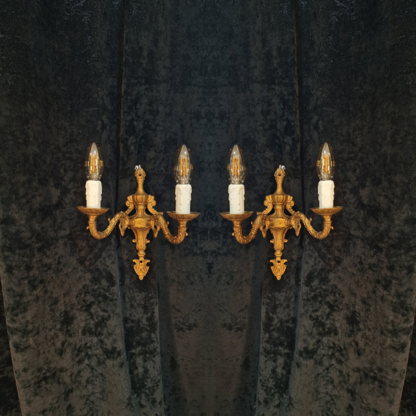 Lovely Pair of Vintage Gilded Spelter 2 Arm Wall Lights Sconces