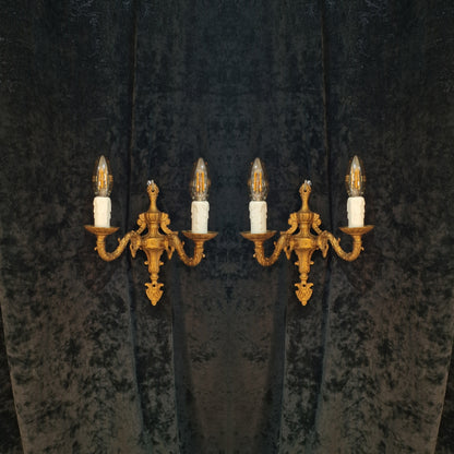 Lovely Pair of Vintage Gilded Spelter 2 Arm Wall Lights Sconces