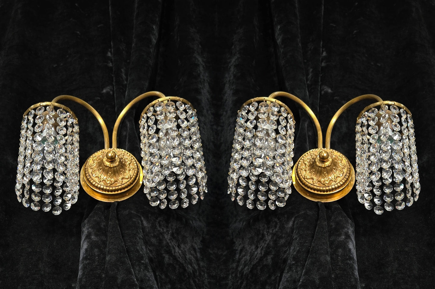 Beautiful Pair of Vintage French 2 Arm Brass Wall Lights with Crystal Shades