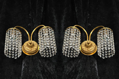 Beautiful Pair of Vintage French 2 Arm Brass Wall Lights with Crystal Shades