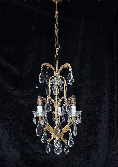Beautiful Vintage Italian 3 Arm Brass Crystal Cage Leaf Chandelier Ceiling Light