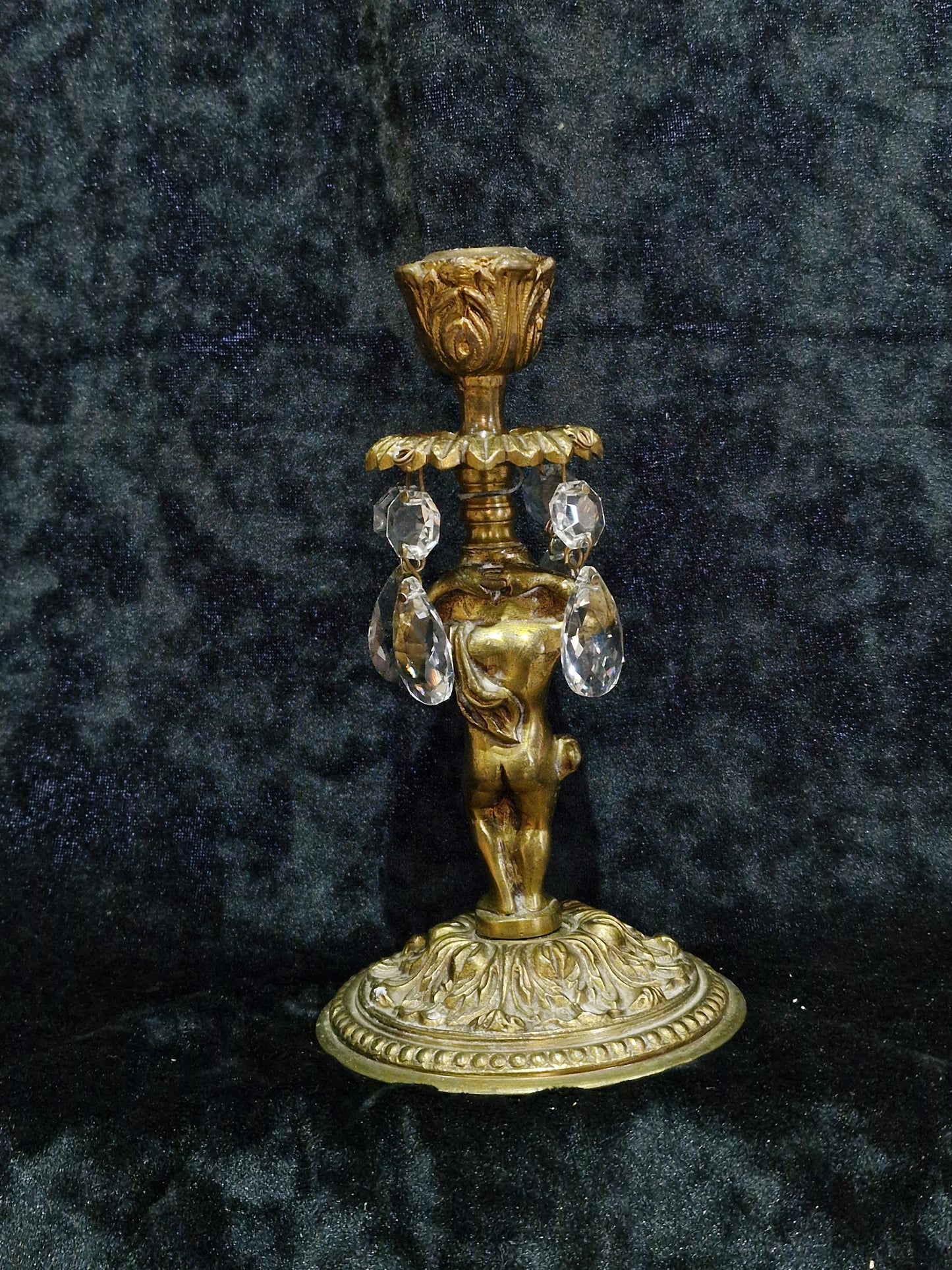 Lovely Pair of Vintage French Solid Brass Crystal Cherub Candlesticks