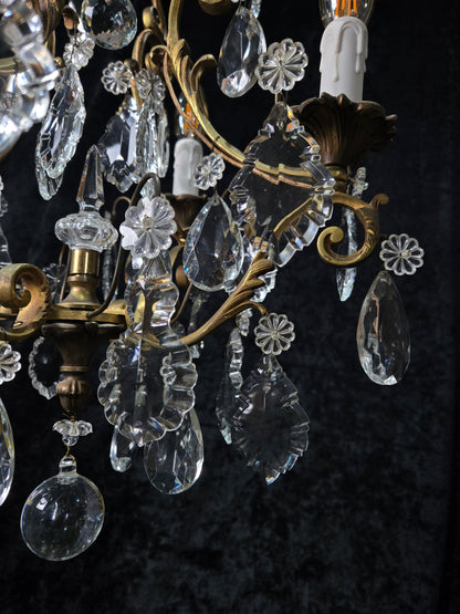 Gorgeous Heavy Antique French 4 Arm Caged Bronze Crystal Chandelier Light