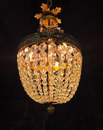 Traditional Antique French 3 Light Brass Bronze Crystal Empire Chandelier