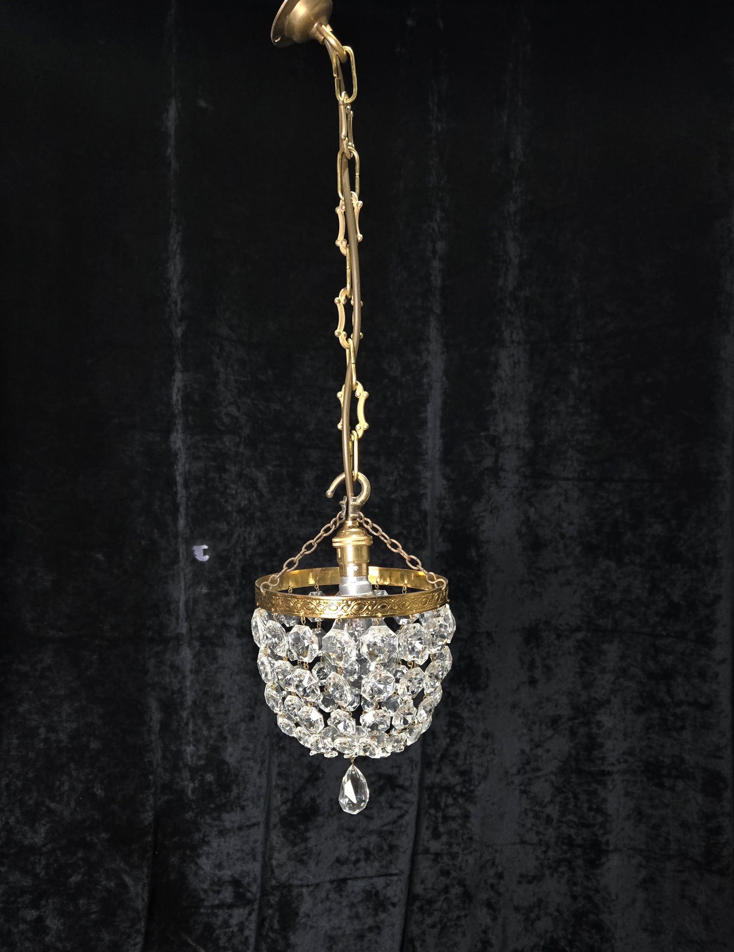 Petite Vintage French Crystal Half Bag Brass Leaf Chandelier Ceiling Light